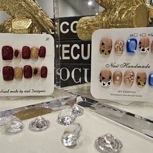 Handmade Press-On Nails – Multi-Style Red, Gold, Nude & Blue Set